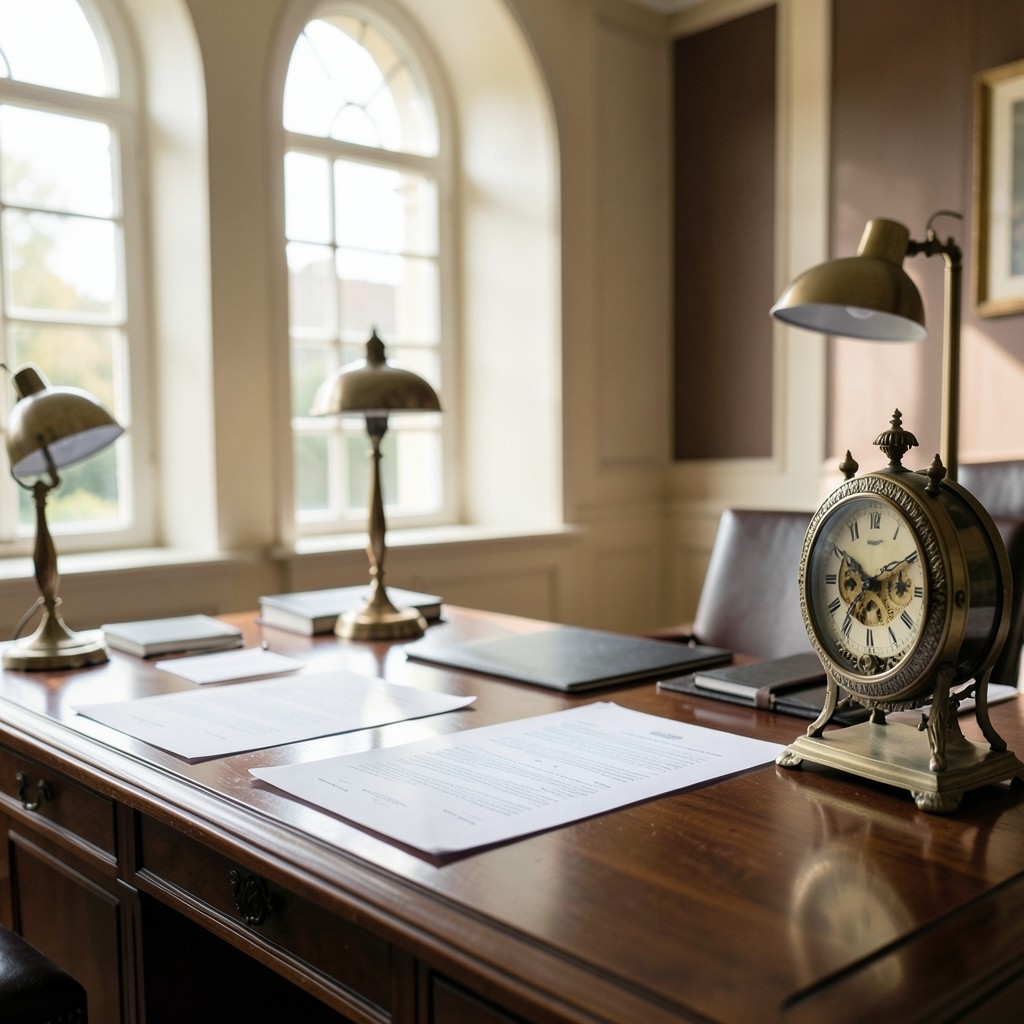Bureau de consultation juridique avec documents de contrat de travail et horloge ancienne en laiton
